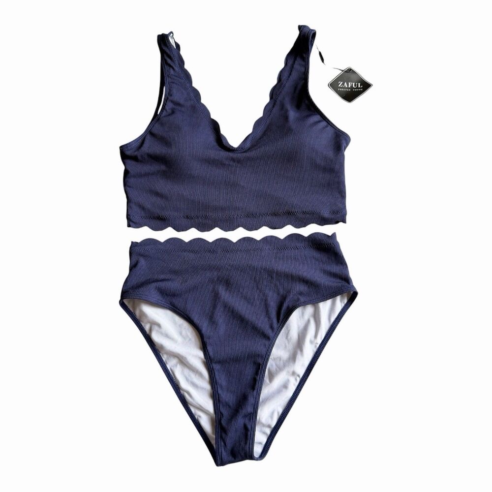 NWT Zaful Women's 8 Navy Bikini Swimsuit Set Ribbed Scalloped Edges